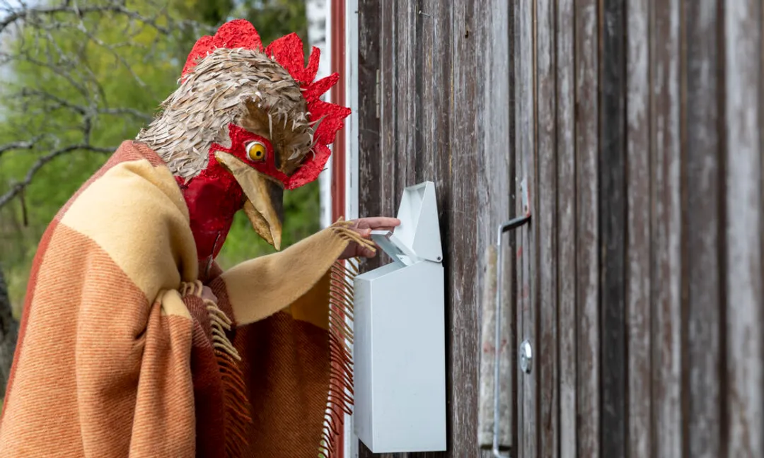 The Chicken wrapped in a blanket, opening the mailbox.