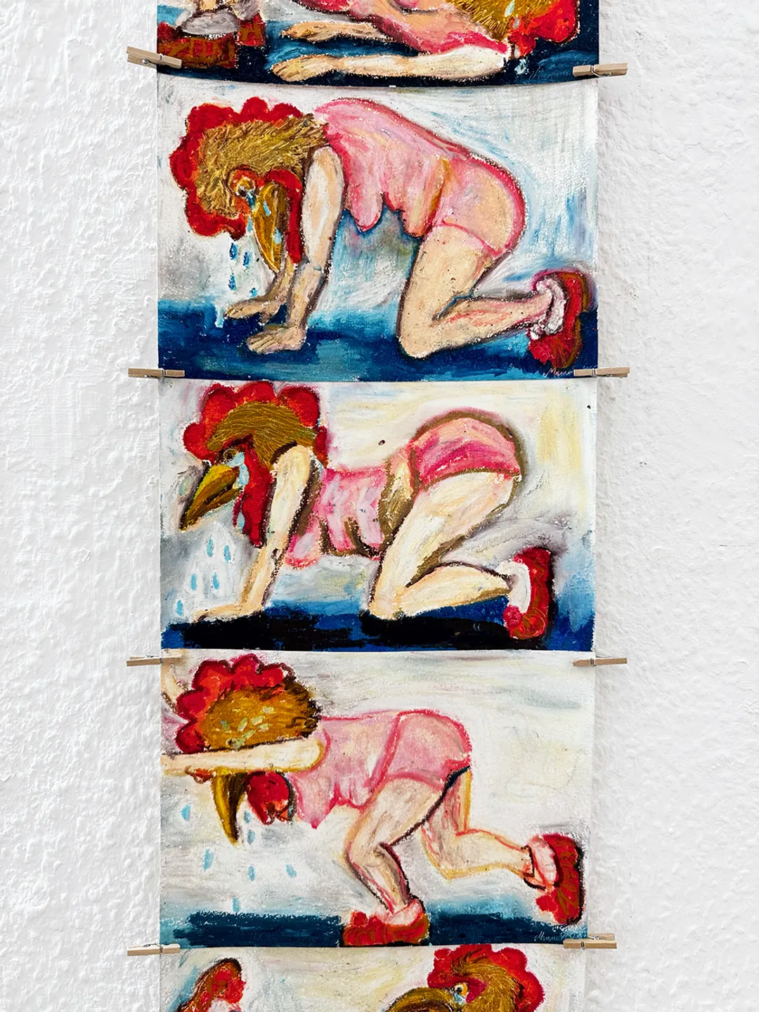 joogaava kana, öljypastellipiirroksia